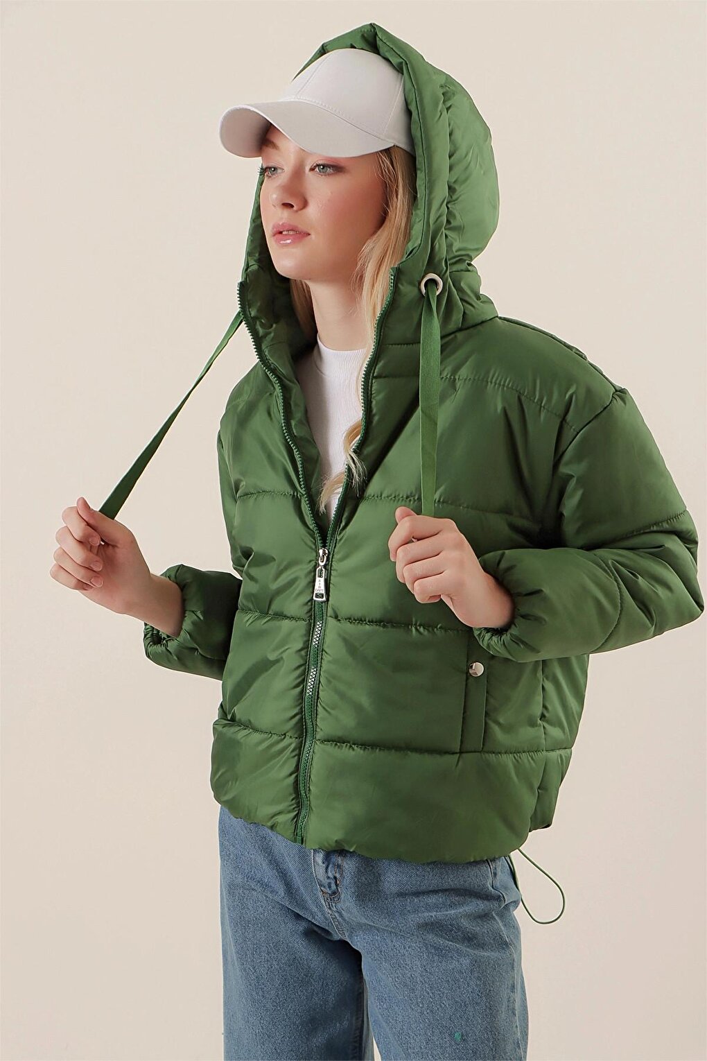 Emerald Green Hooded Zippered Short Puffer Jacket