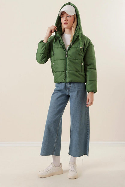 Emerald Green Hooded Zippered Short Puffer Jacket