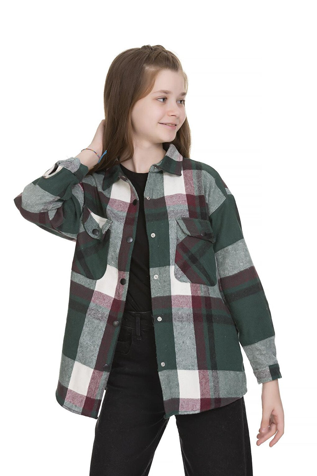 Girl's Back Printed Plaid Shirt 9-14 Years Lx151