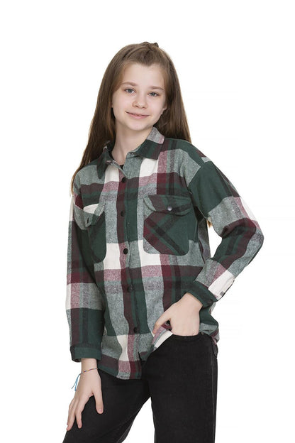 Girl's Back Printed Plaid Shirt 9-14 Years Lx151