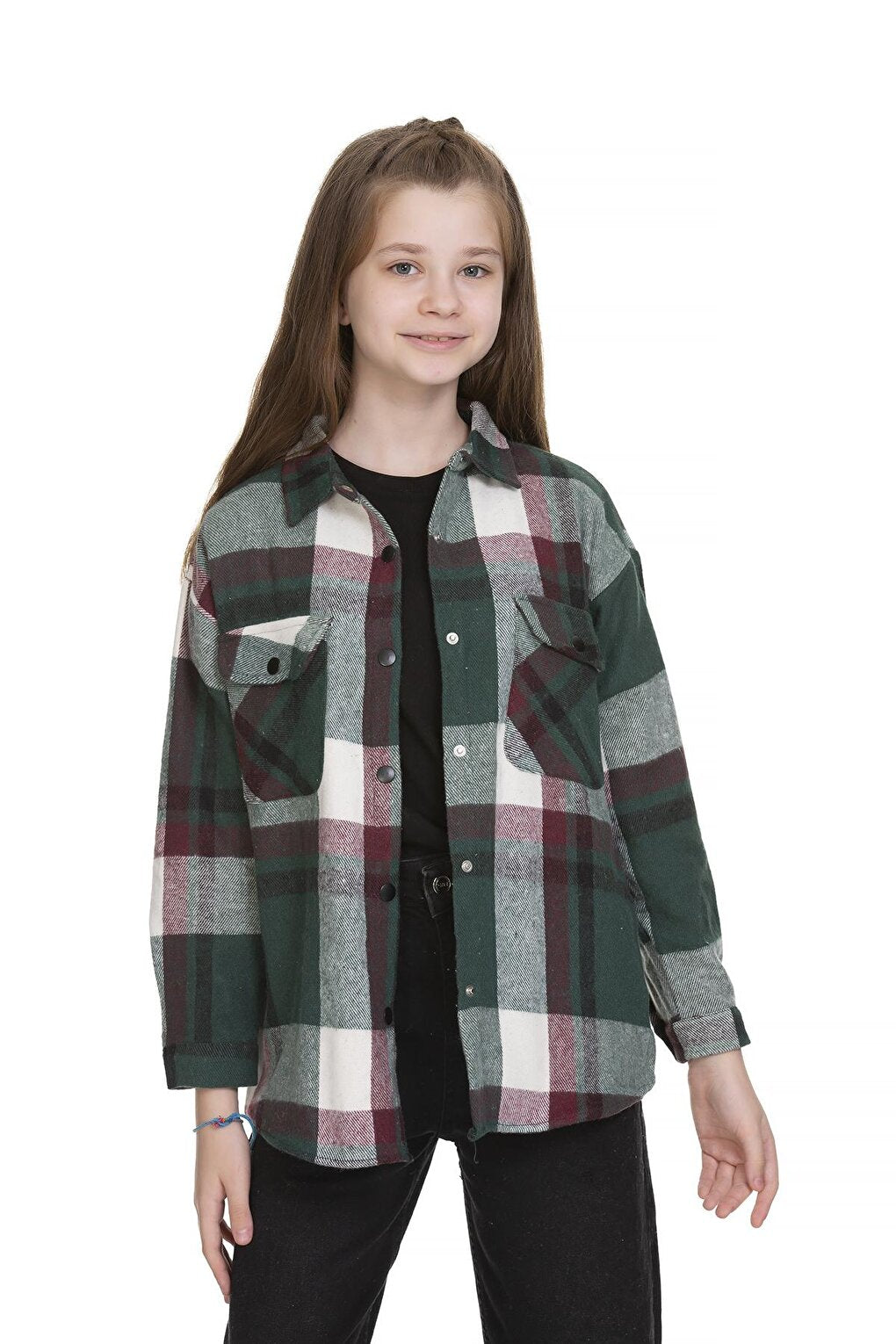 Girl's Back Printed Plaid Shirt 9-14 Years Lx151