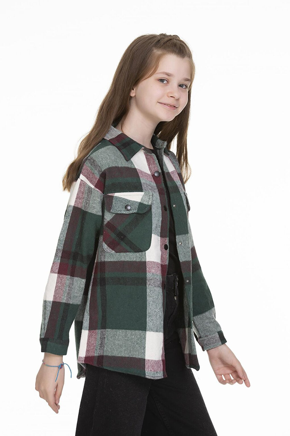 Girl's Back Printed Plaid Shirt 9-14 Years Lx151