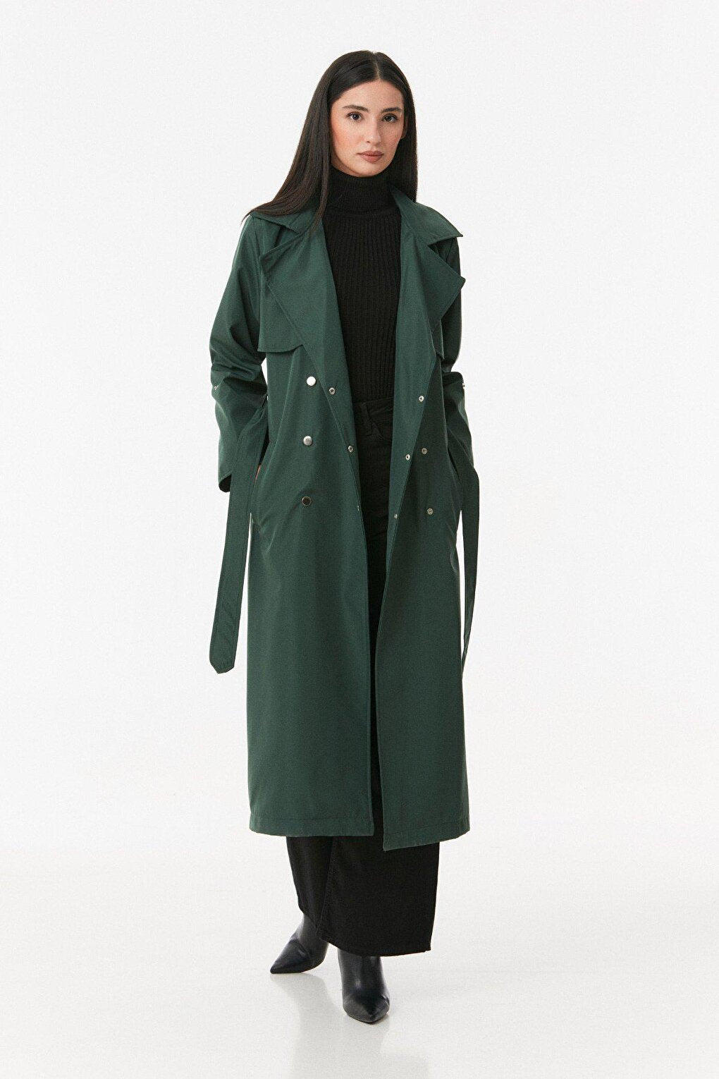 Double Breasted Collar Waist Belted Trench Coat