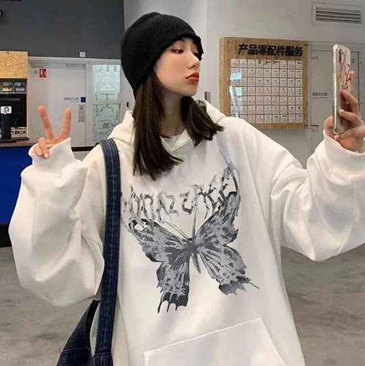 Harajuku Butterfly Oversize Unisex White Hooded Hoodie Sweatshirt