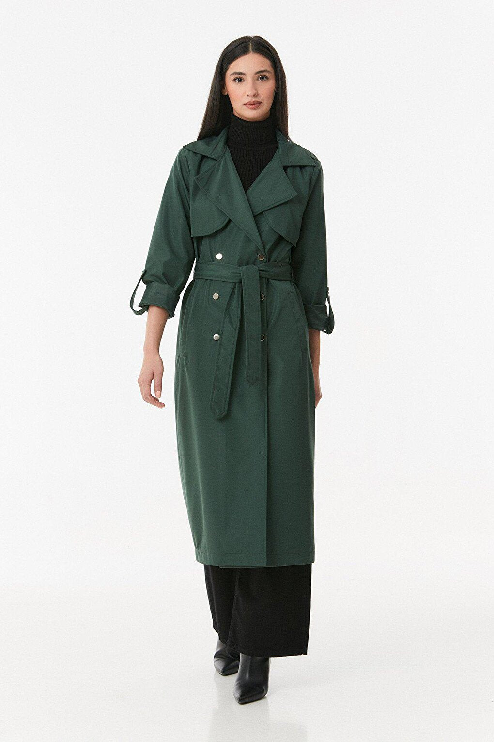 Double Breasted Collar Waist Belted Trench Coat