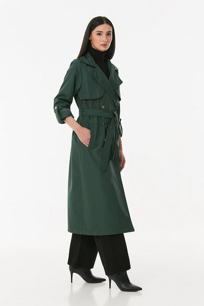 Double Breasted Collar Waist Belted Trench Coat