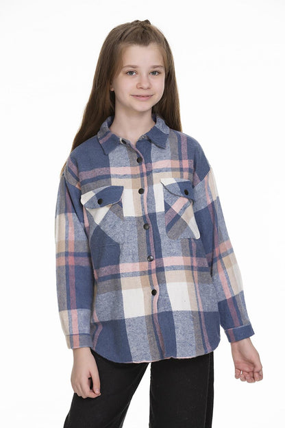 Girl's Back Printed Plaid Shirt 9-14 Years Lx151