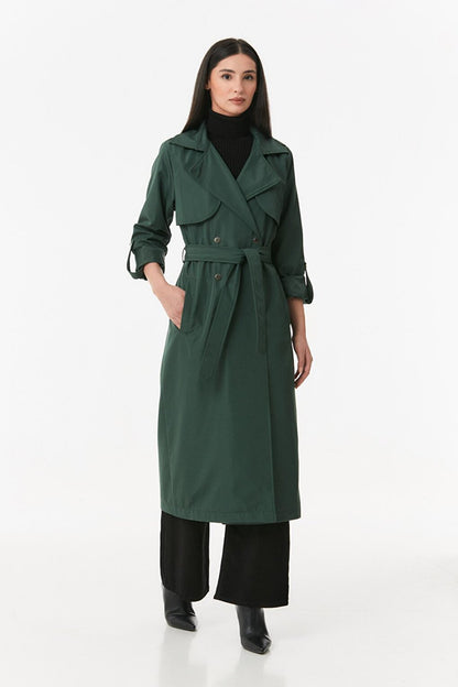 Double Breasted Collar Waist Belted Trench Coat