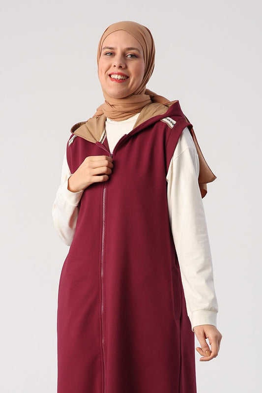 Dark Burgundy Woven Garnished Hooded Vest with Stripe Detail