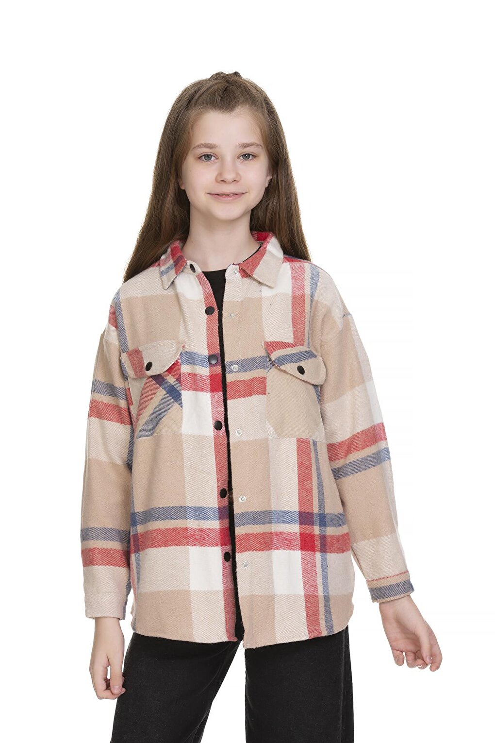 Girl's Back Printed Plaid Shirt 9-14 Years Lx151