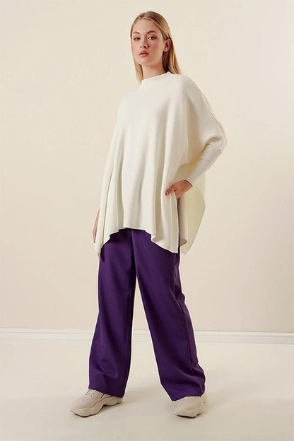 Women's White Oversize Slit Poncho Knitwear Sweater HZL23W-BD1100761