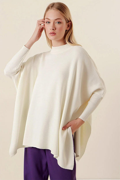 Women's White Oversize Slit Poncho Knitwear Sweater HZL23W-BD1100761