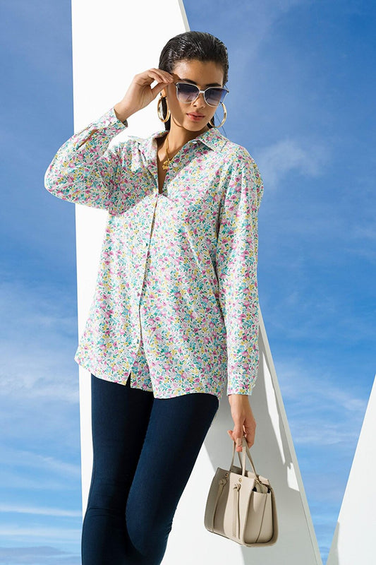 Flower Pattern Pink Blue Viscose Shirt