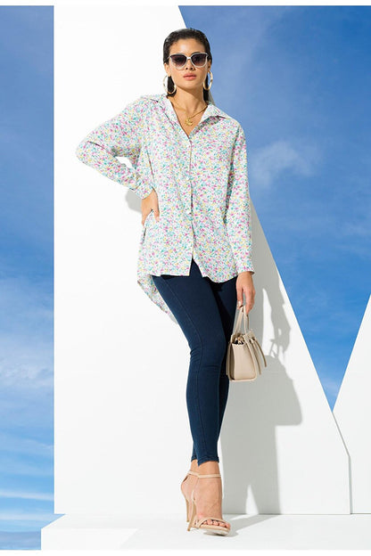 Flower Pattern Pink Blue Viscose Shirt