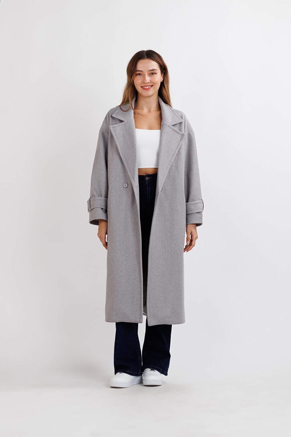 Women's Gray Oversize Cashmere Coat with Epaulets on Sleeves