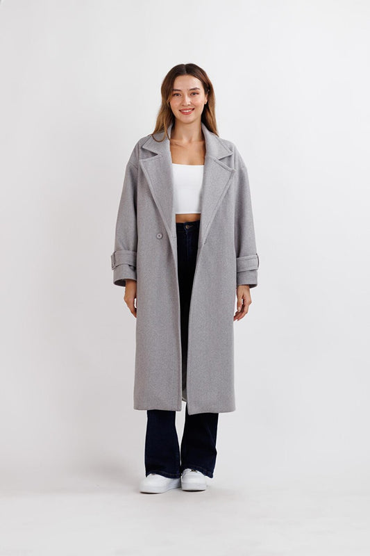 Women's Gray Oversize Cashmere Coat with Epaulets on Sleeves