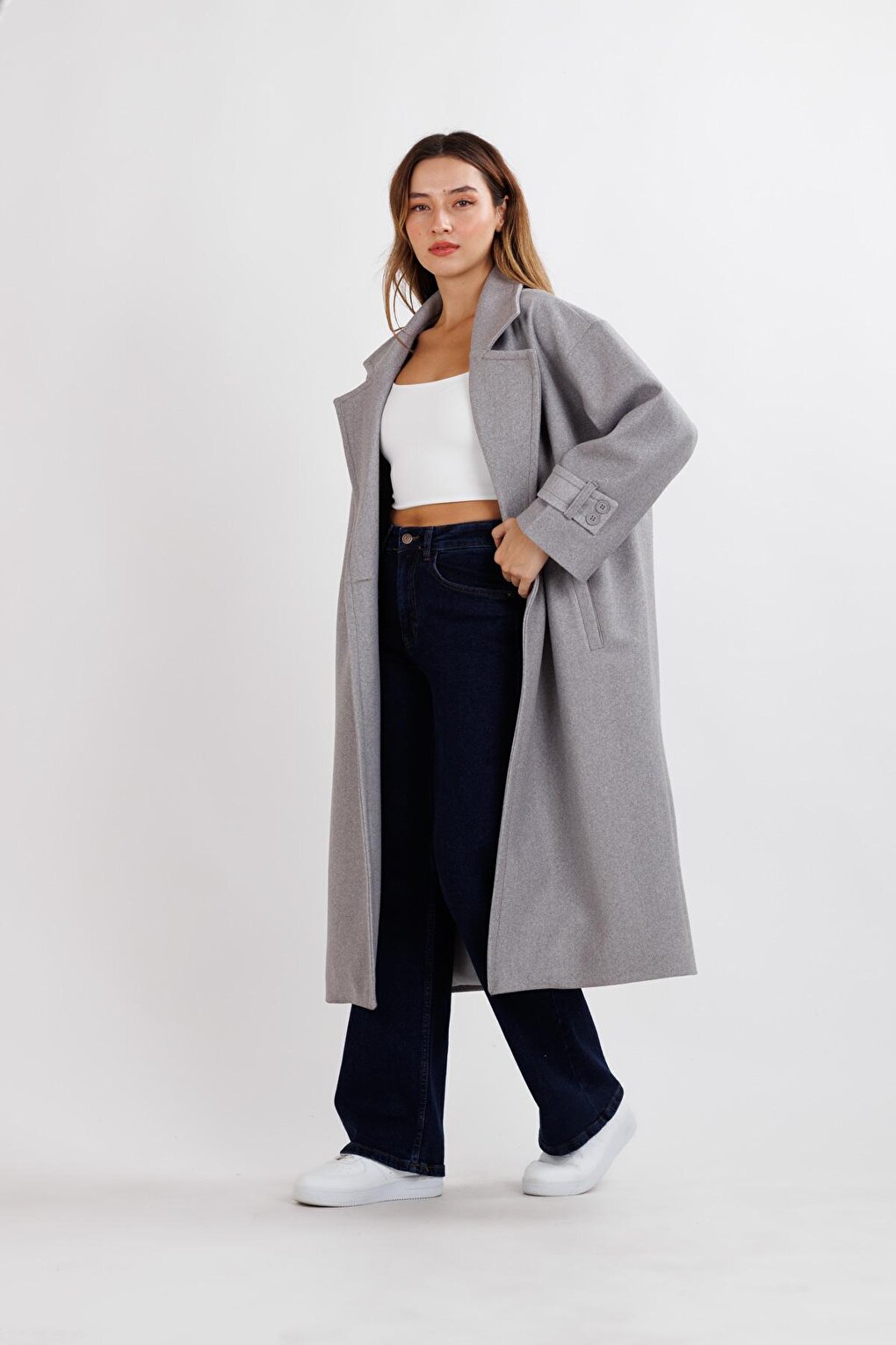 Women's Gray Oversize Cashmere Coat with Epaulets on Sleeves