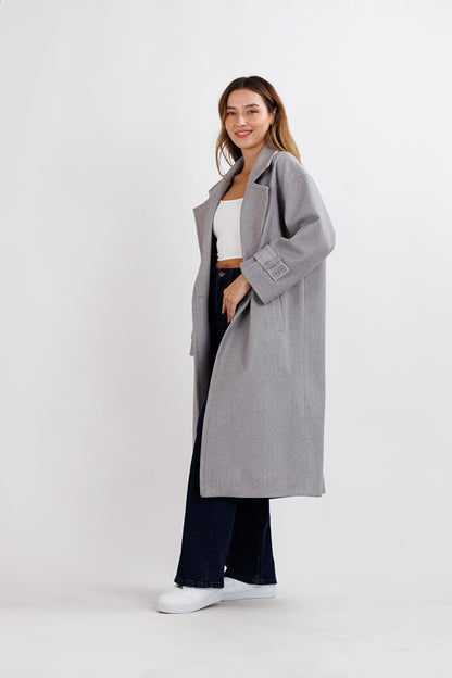 Women's Gray Oversize Cashmere Coat with Epaulets on Sleeves