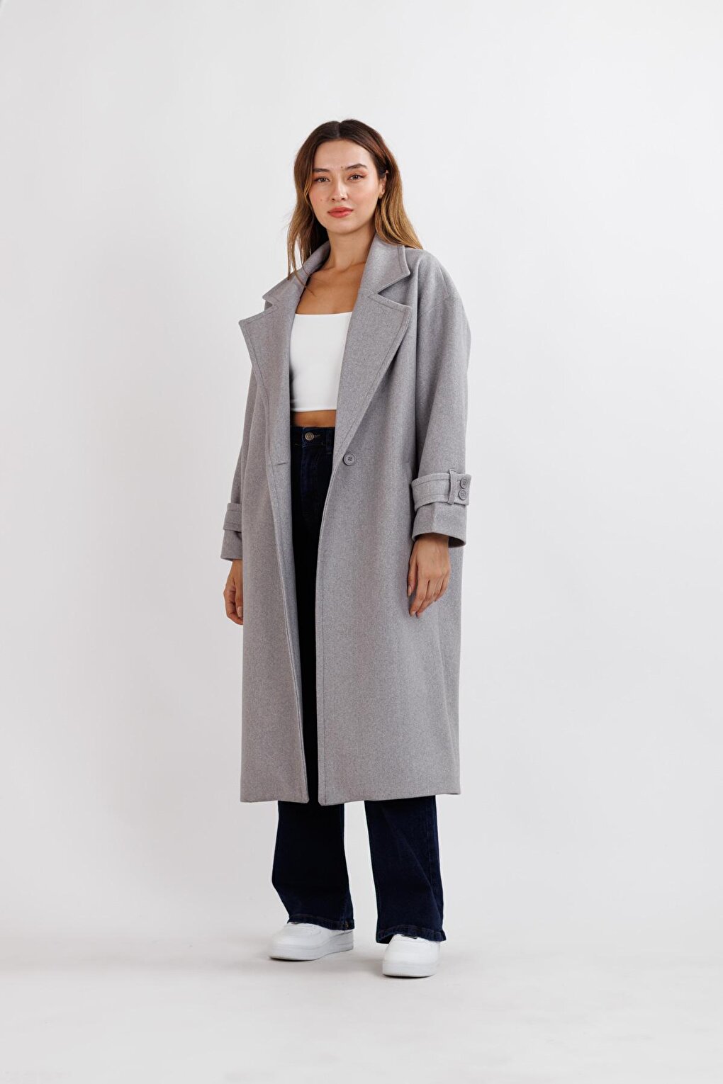 Women's Gray Oversize Cashmere Coat with Epaulets on Sleeves