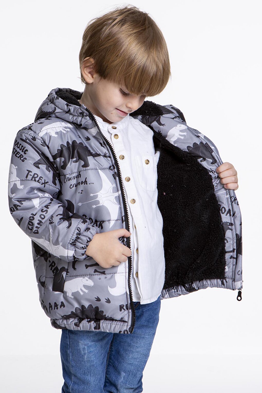 Kids Boy's Coat with Welsoft Inside Dinosaur Patterned Hat AK2509