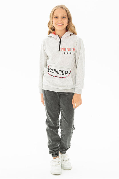 Girl's Gray Colored Kangaroo Pocket Wonder Printed Hooded Sweatshirt