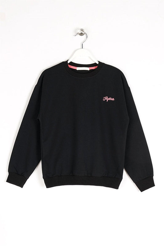 Girl's Black Colored Crew Neck Together Embroidered Sweatshirt