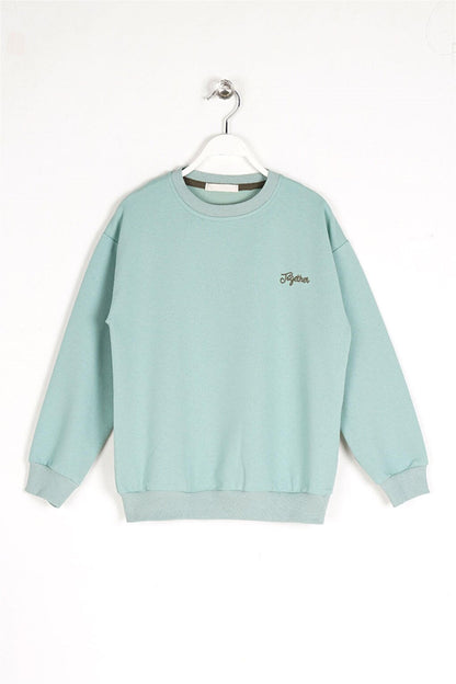 Girl's Green Colored Crew Neck Together Embroidered Sweatshirt