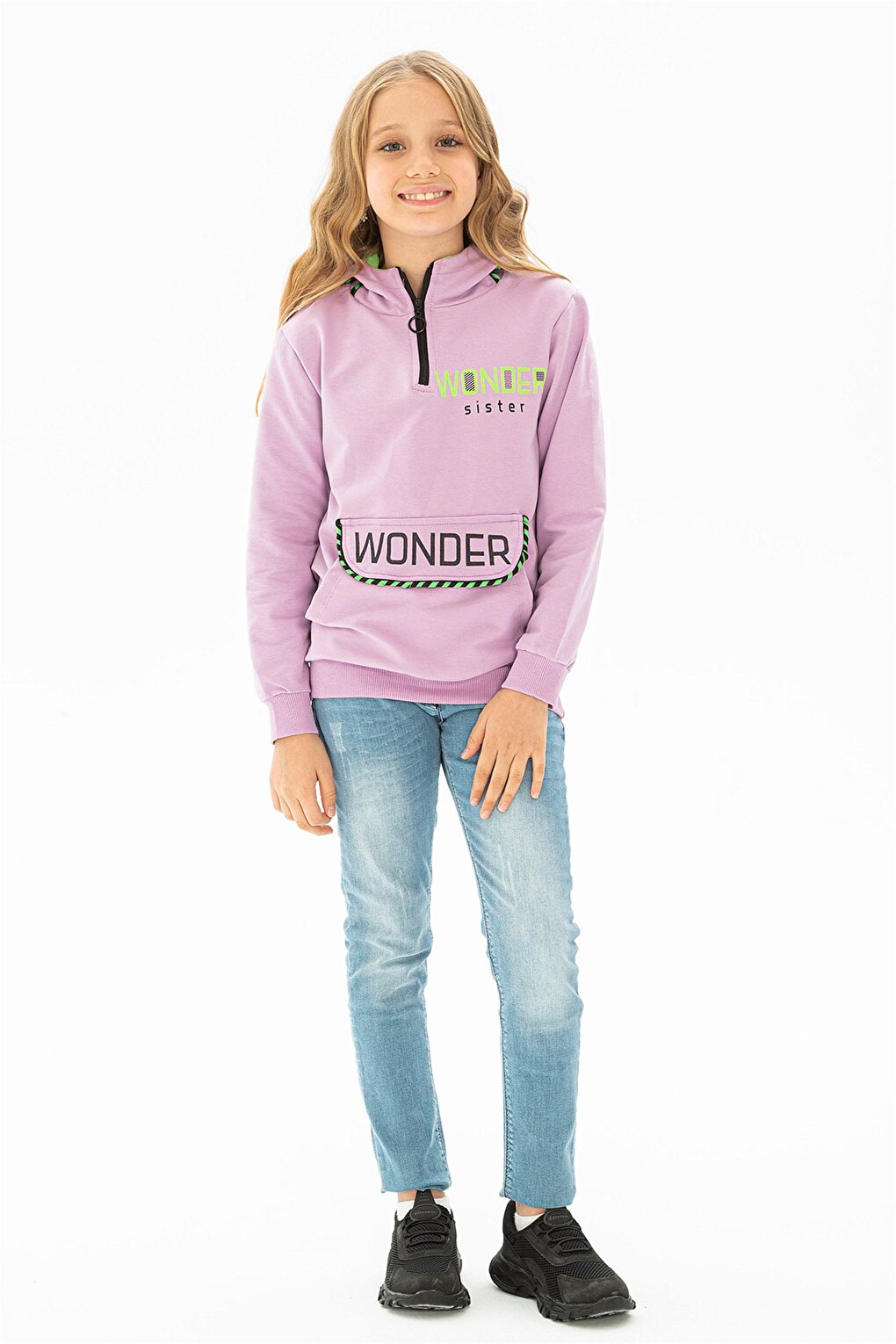 Girl's Lilac Colored Kangaroo Pocket Wonder Printed Hooded Sweatshirt