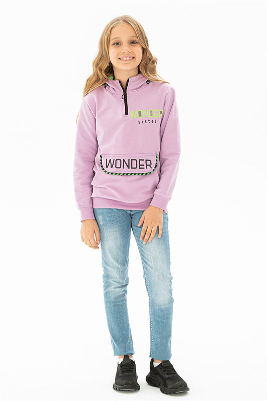 Girl's Lilac Colored Kangaroo Pocket Wonder Printed Hooded Sweatshirt