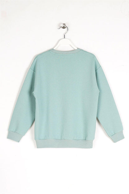 Girl's Green Colored Crew Neck Together Embroidered Sweatshirt