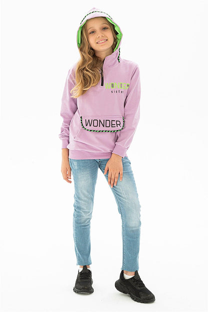 Girl's Lilac Colored Kangaroo Pocket Wonder Printed Hooded Sweatshirt