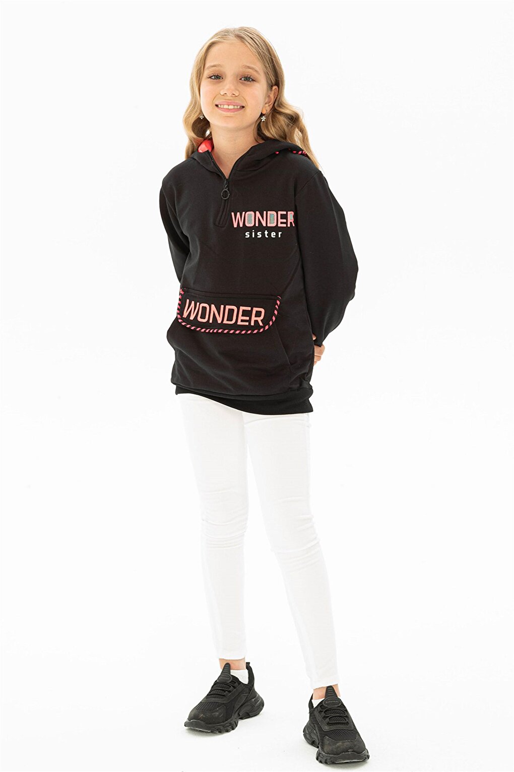 Girl's Black Colored Kangaroo Pocket Wonder Printed Hooded Sweatshirt