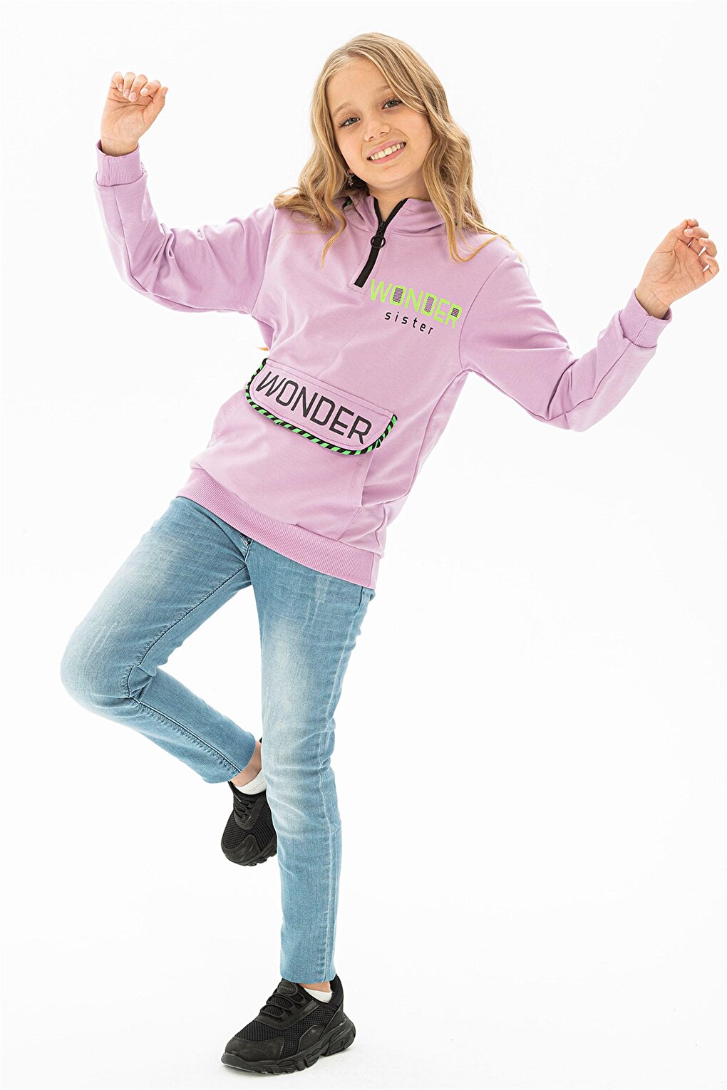 Girl's Lilac Colored Kangaroo Pocket Wonder Printed Hooded Sweatshirt