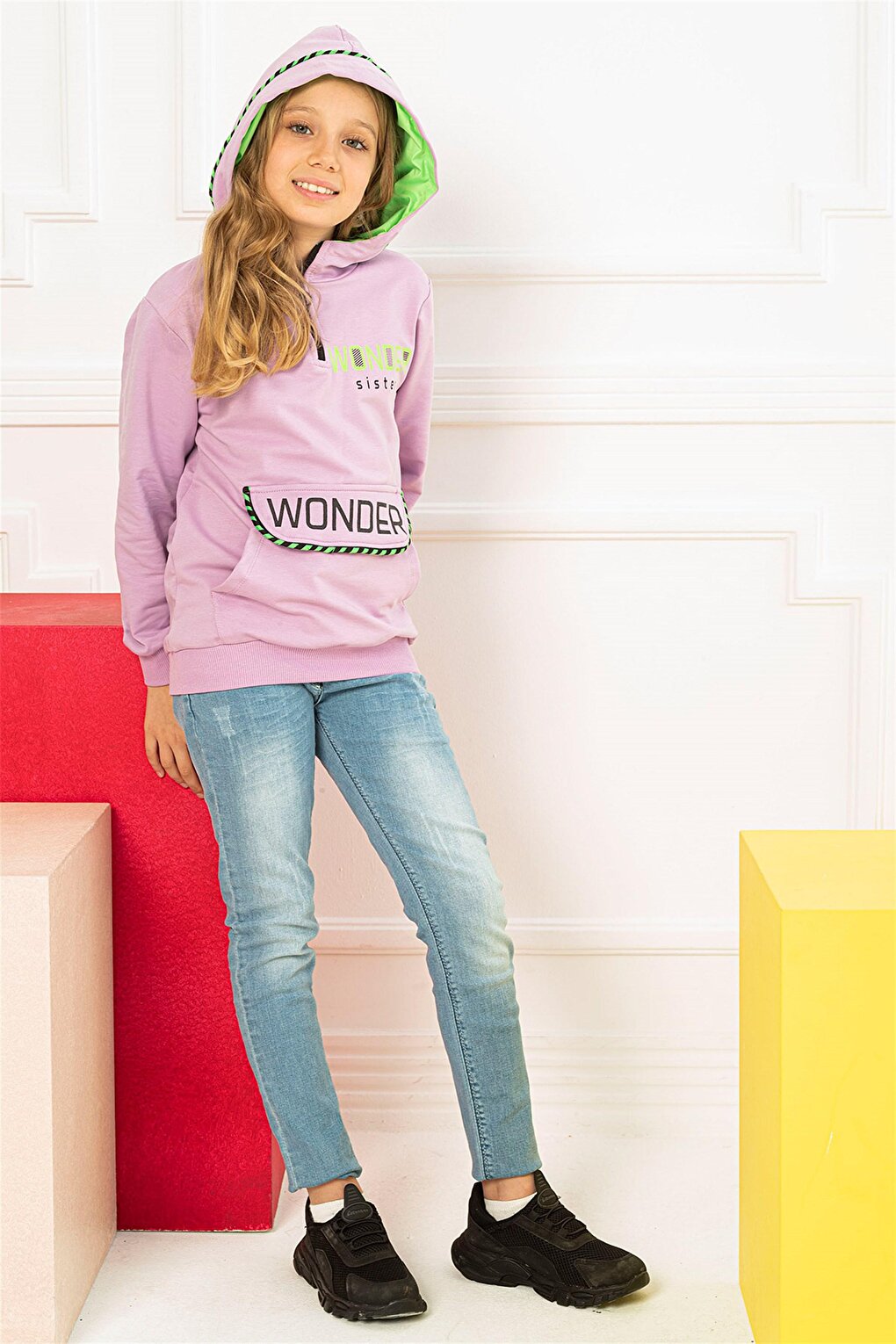 Girl's Lilac Colored Kangaroo Pocket Wonder Printed Hooded Sweatshirt