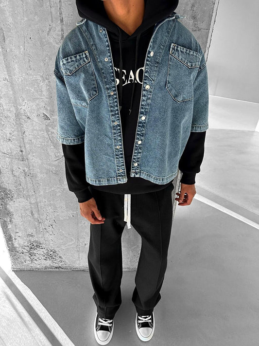 Oversize Stitching Detailed Jean Jacket Blue