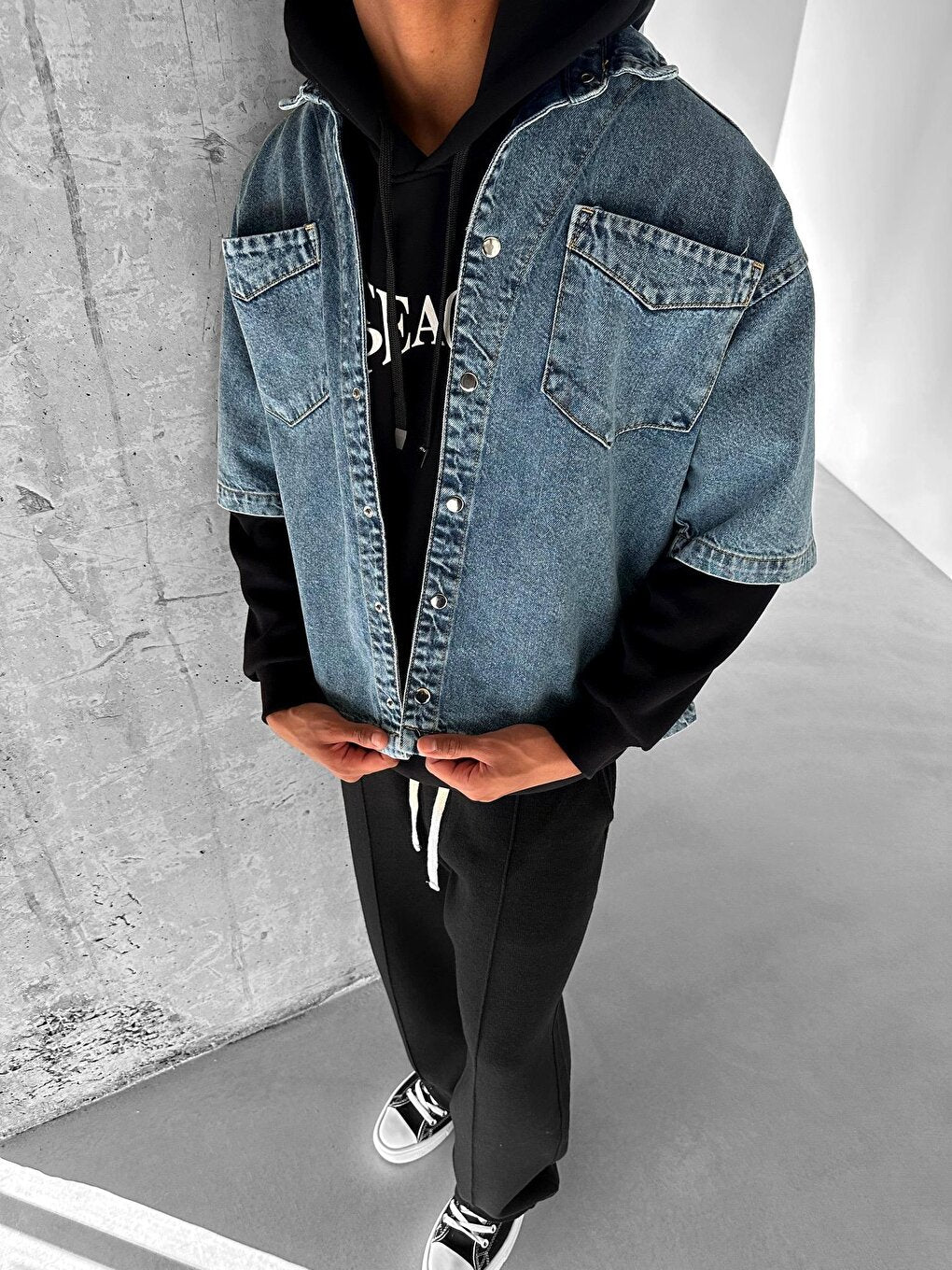 Oversize Stitching Detailed Jean Jacket Blue