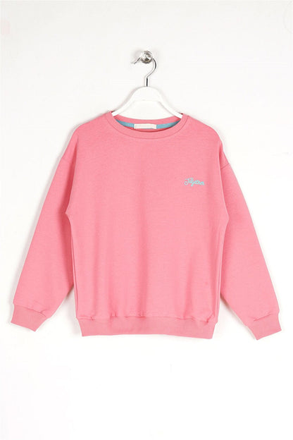 Girl's Pink Color Crew-Neck Together Embroidered Sweatshirt