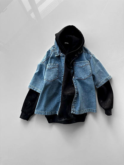 Oversize Stitching Detailed Jean Jacket Blue