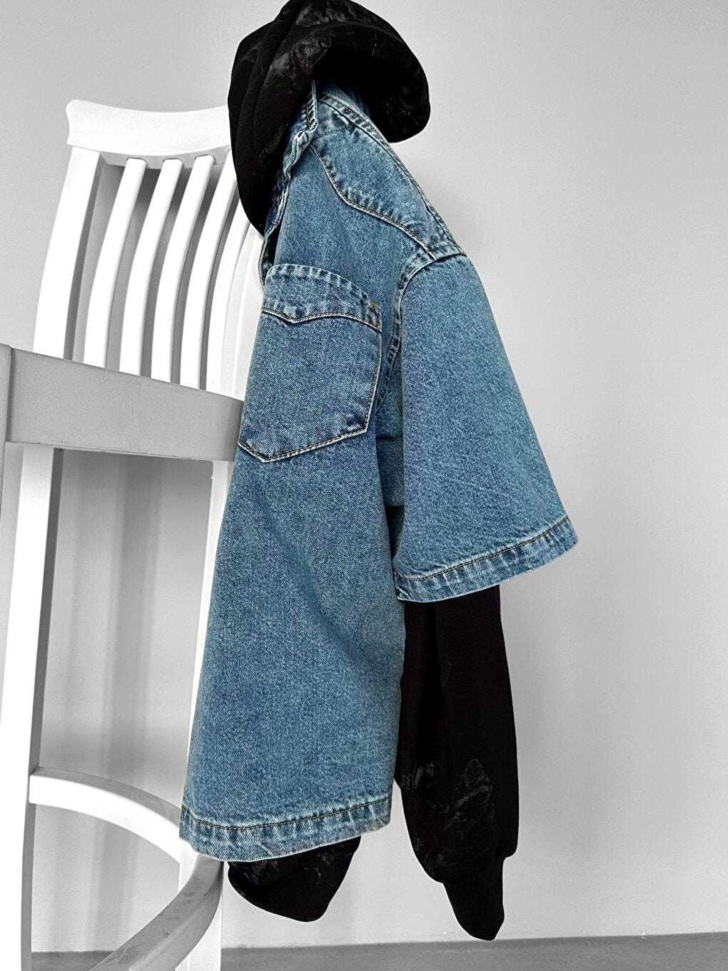 Oversize Stitching Detailed Jean Jacket Blue