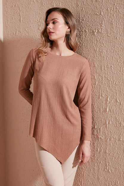 Crew Neck Stretchy Textured Asymmetrical Blouse 5864971