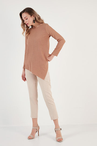 Crew Neck Stretchy Textured Asymmetrical Blouse 5864971