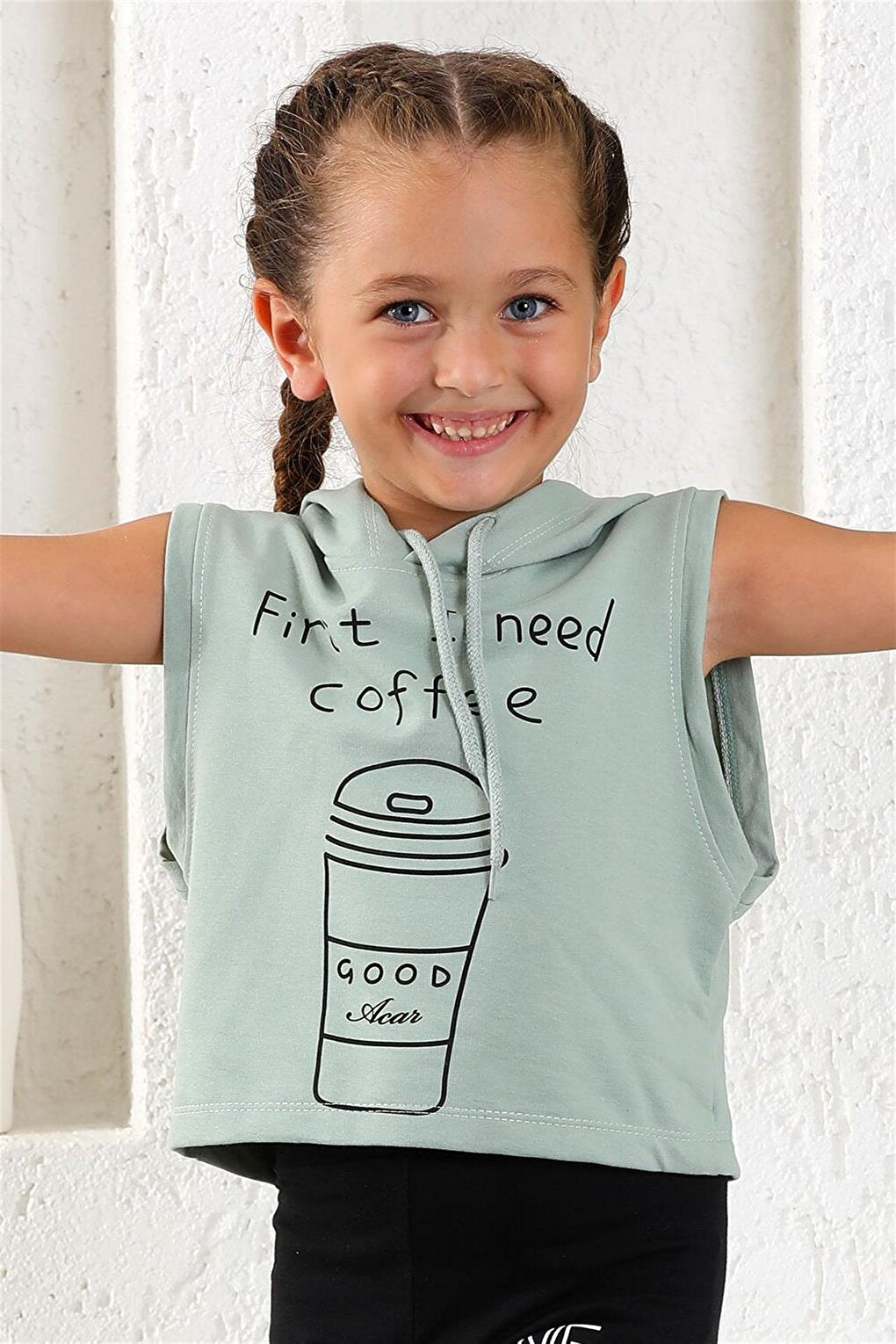 Girl's Çağla Green Colored First I Need Coffee Printed Hooded Crop Sweatshirt