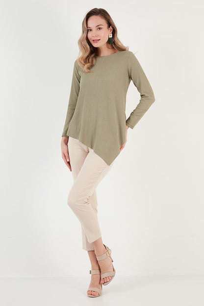 Crew Neck Stretchy Textured Asymmetrical Blouse 5864971