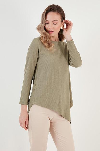 Crew Neck Stretchy Textured Asymmetrical Blouse 5864971