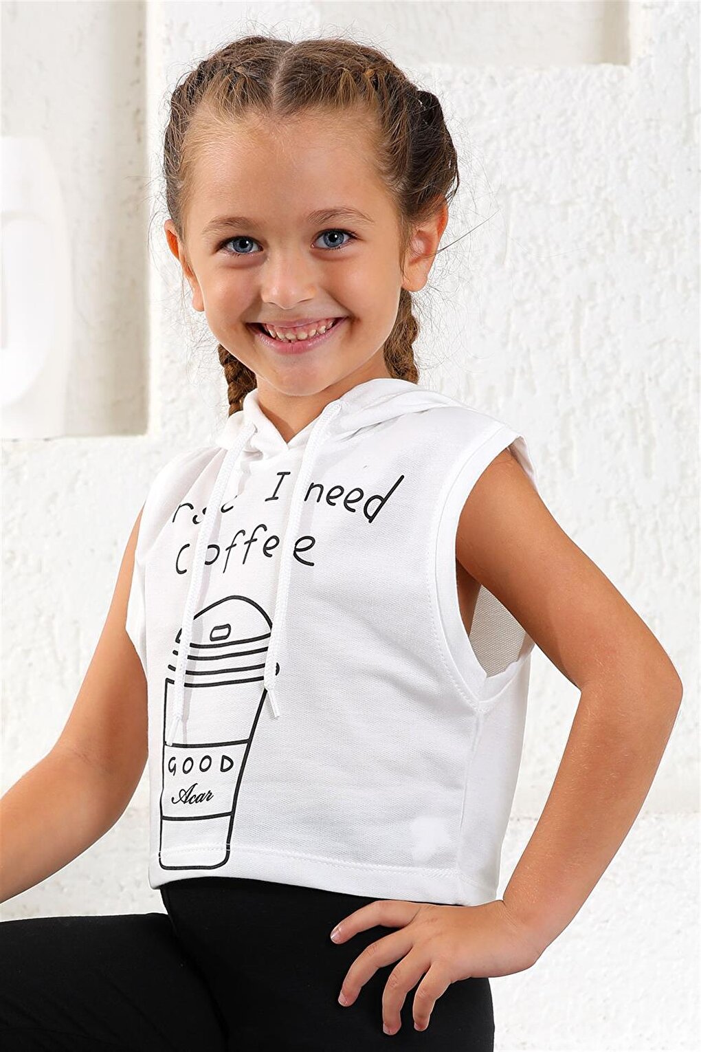 Girl's Ecru Colored First I Need Coffee Printed Hooded Crop Sweatshirt