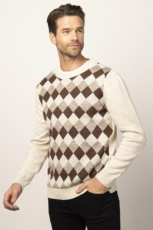 Slim Fit Crew Neck Front Patterned Men's Sweater