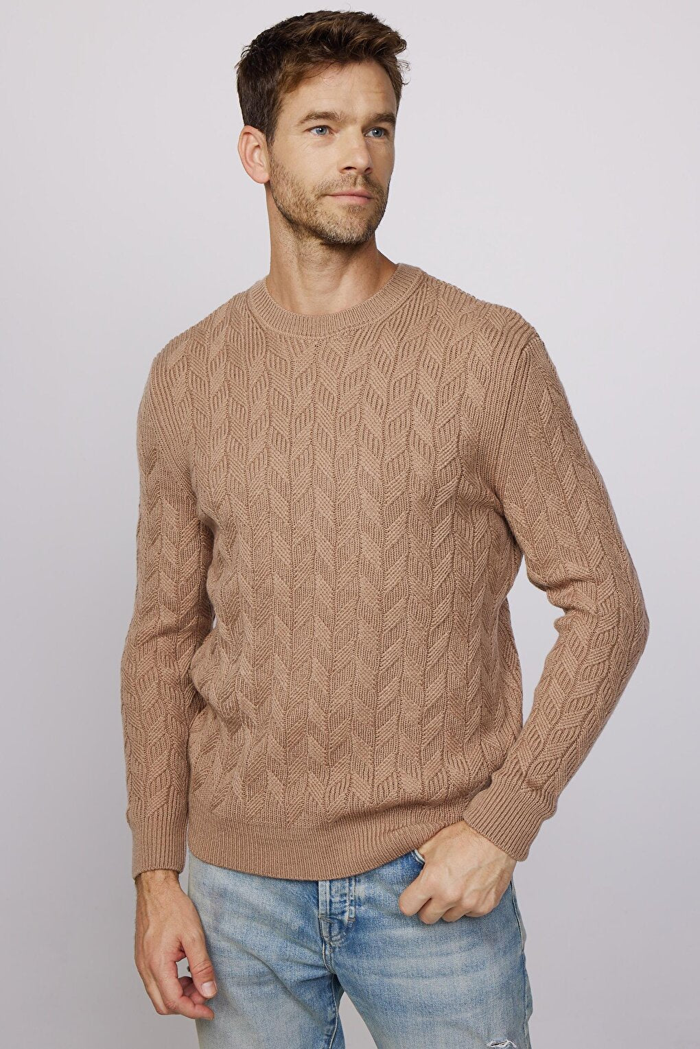 Slim Fit Crew Neck Patterned Cream Men's Sweater