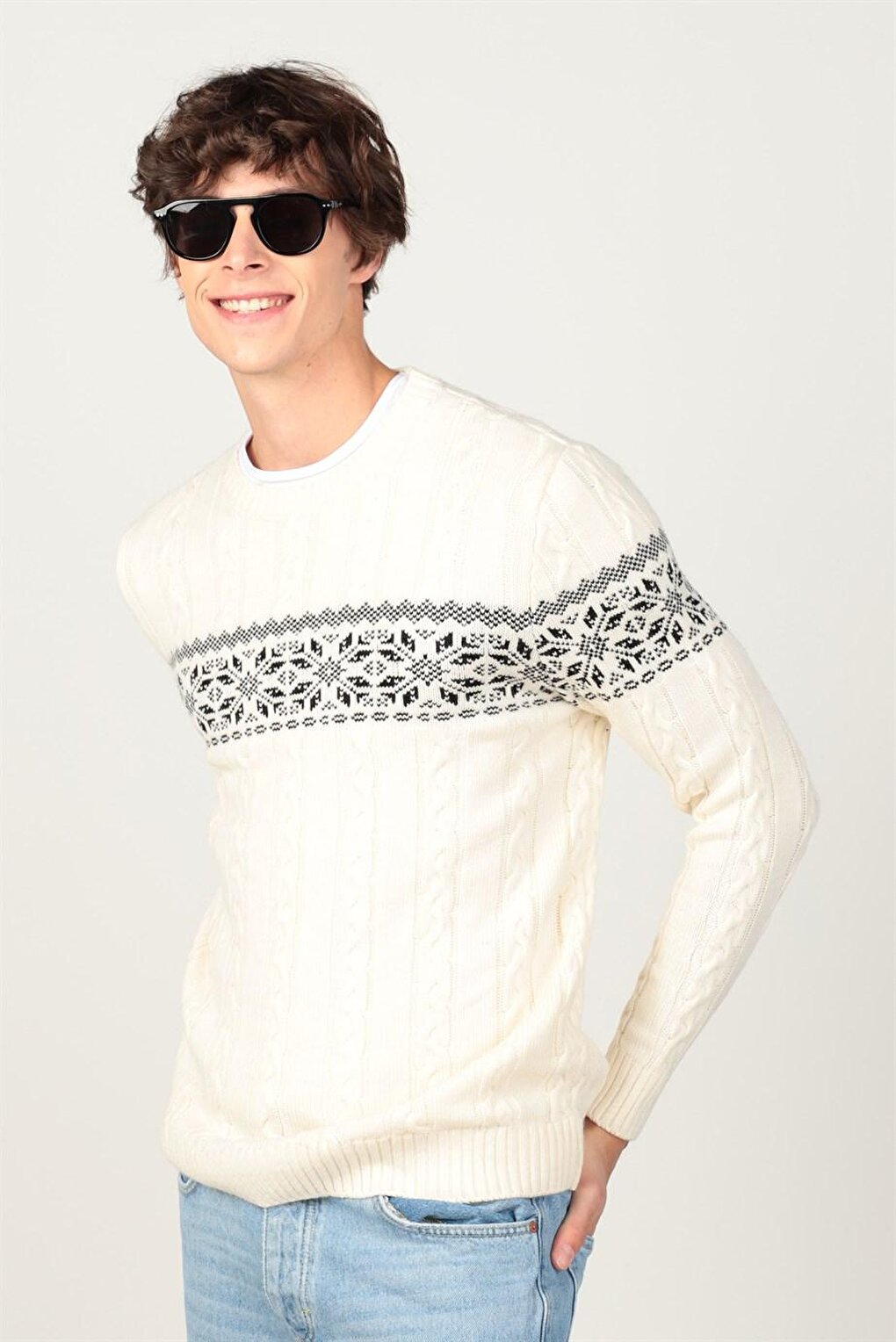 Slim Fit Crew Neck Patterned Men's Sweater