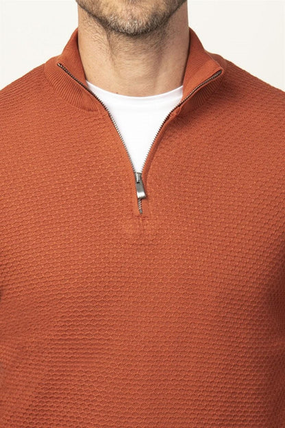 Slim Fit High Collar Zippered Men's Cinnamon Sweater