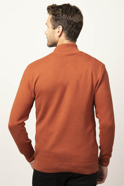 Slim Fit High Collar Zippered Men's Cinnamon Sweater